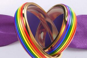 Two rainbow rings intertwined in the shape of a heart, in front of purple ribbon