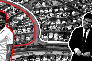 black and white imagery: arial view of suburbs - partly outlined by red, partly outlined by white. In the foreground is a black couple outlined in red and a white couple outlined in white, each looking toward the other couple