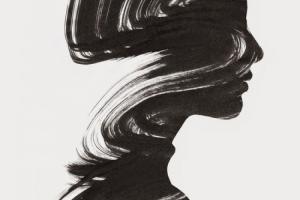Black brush strokes form the profile of a woman's head and shoulders