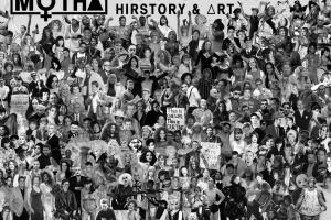 black and white collage of trans-hirstory supporters with the MOTHA logo at top left