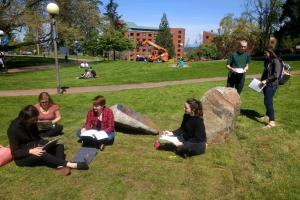 Students study near Sarah Sze&#039;s sculpture SPLIT STONE (NORTHWEST)