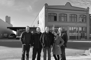 Standing in front of the Sylvia Center of the Arts building (from left): Wes Davis (Marketing Director), Bryce Hamilton (Board President), Glenn Hergenhahn-Zhao (Artistic Director), Shu-Ling Hergenhahn-Zhao (Capital Campaign Director), and Ron Warner (Boa