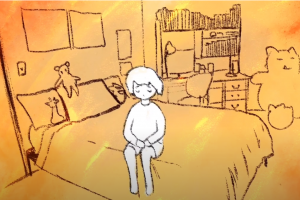 Cartoon illustration of a young person sitting on a bed in a bedroom
