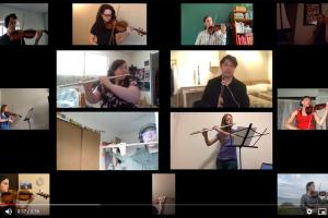 tiled images of orhcestra musicians on a video screenshot