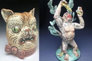 grotesque ceramic figures of a cat head and a demon