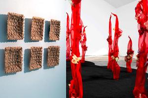fiber art, six wall mounted ecru squares, several organic-looking bright red vertical structures