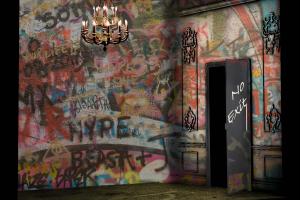 An empty room with simple but fancy Victorian wall paneling, a chandelier, concrete floor and a metal door opening inward. Every inch of wall is covered in graffiti. "No Exit" is noticeably written in graffiti on the inside of the open door.