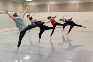 four dancers in a line, back legs extended, leaping forward away from the viewer