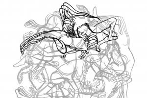 a sketch-like line drawing depicting a palimpsest of moving outlines of bodies