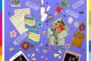 Rainbow border surrounding an illustration of objects: playing cards, flowers, soup cans, legal documents, dice, keys, bowling pins, and phones