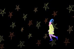 cartoonish scene of a wizard-like character walking among 5 pointed stars on a dark background