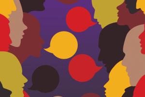 silhouetted heads and conversation bubbles in various colors facing toward each other