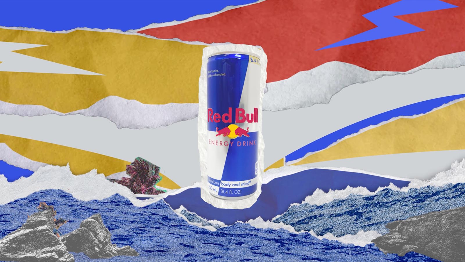 abstract background in primary colors, at center, a can of Red Bull