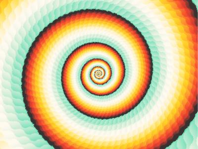 a colorful spiral pattern with gradient colors from black to orange to yellow to teal