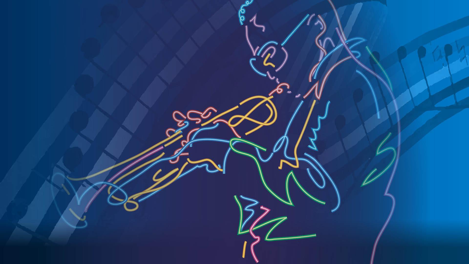 neon outline gesture drawing of a trumpet player with sunglasses on, a ribbon of music notes waving in the background