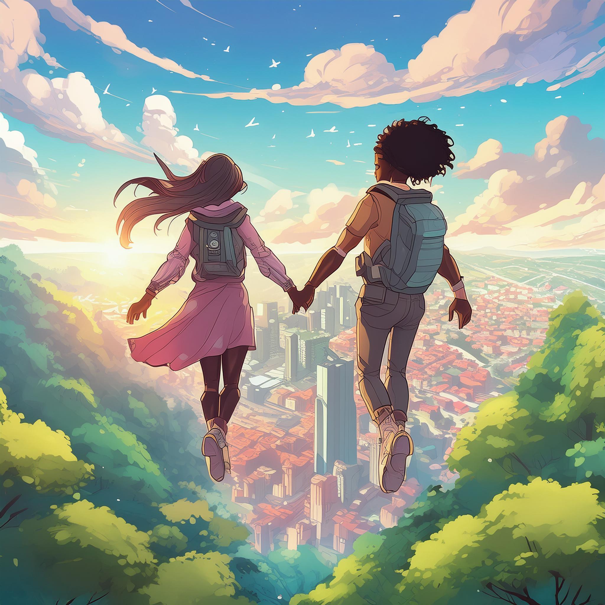 anime style image of two people holding hands, flying over forest and city