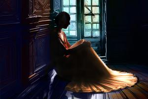 woman in dress sitting on the floor against a fancy wall in a dark room, dimly and eerily lit by a window with broken glass
