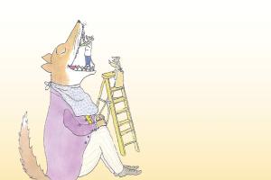 a mouse at the top of a ladder inspects the sharp teeth of a fox who has a toothache.