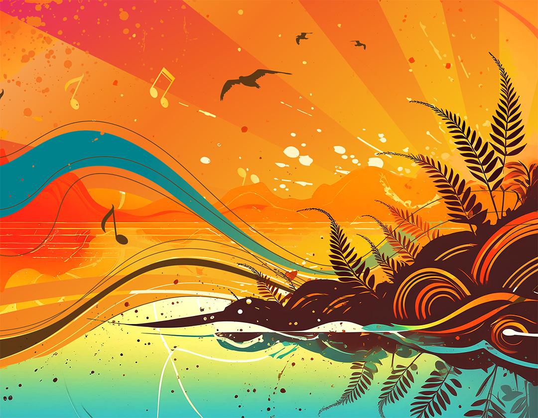 Vibrant abstract graphic art depicting a sunset on a mountainous horizon with radiant sun rays, birds and energetic paint splatters in the sky over water. It features an island adorned with swirls and ferns in the foreground. Music notes and lines float in waves over the water.
