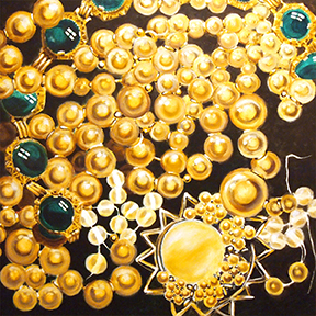 Painting: yellow circular objects on a black background, with some green circular objects mixed in. They shine like jewelry.