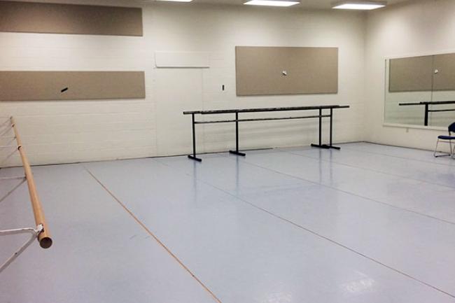 an empty room with mirrors and sound panels on the wall, and ballet bars