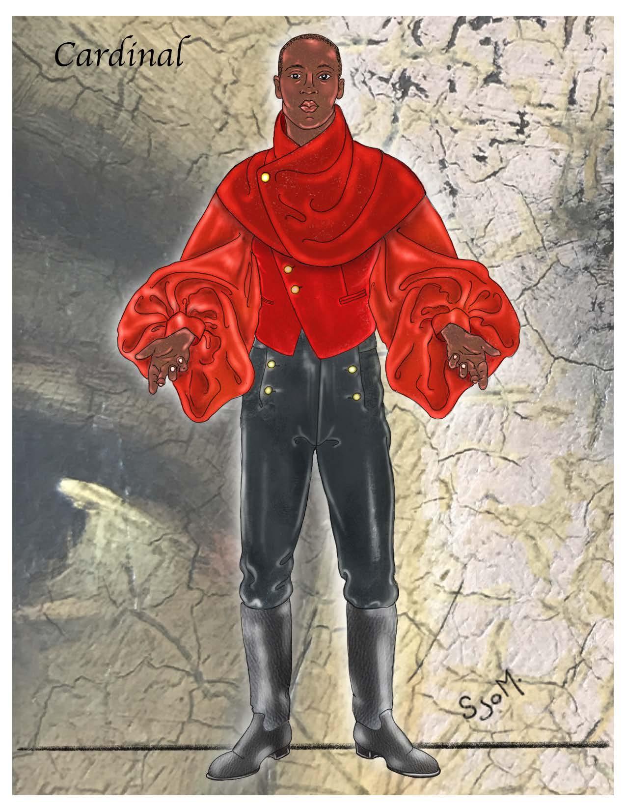 illustration of a man wearing a dramatic red top with very puffy sleeves and a mantel and vest, black pants and knee-high boots