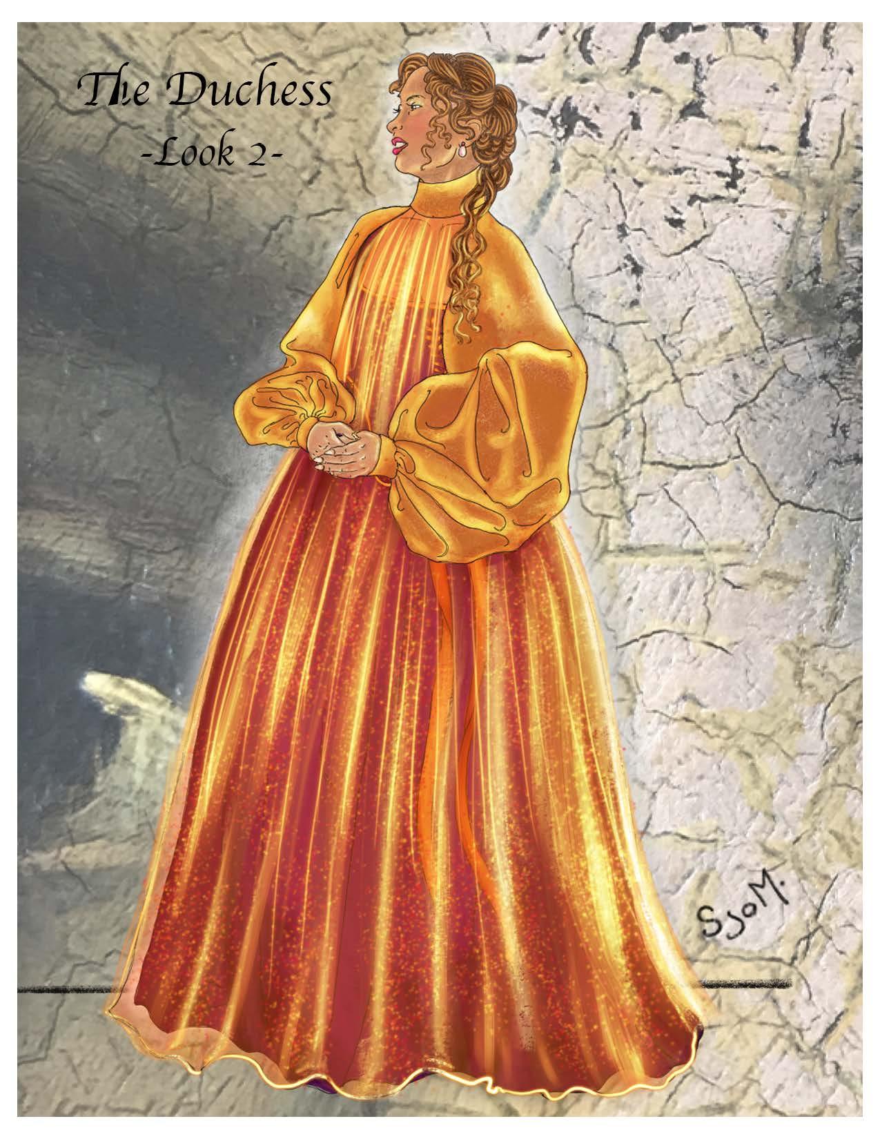 illustration of a woman in a sparkly golden gown which cascades and widens from the neck down, and has dramatically puffy sleeves