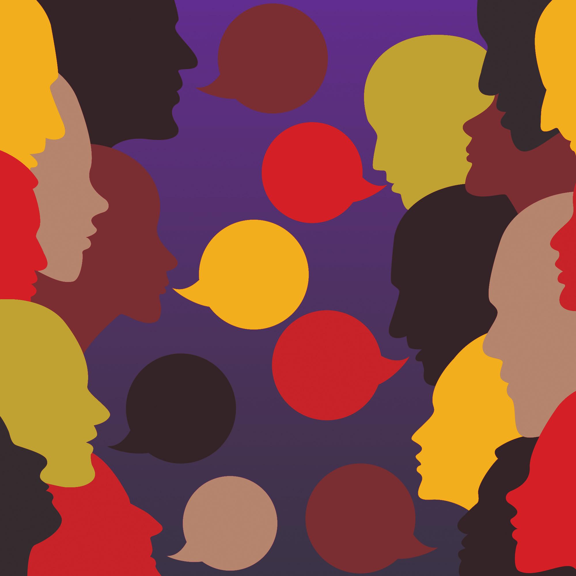 silhouetted heads and conversation bubbles in various colors facing toward each other