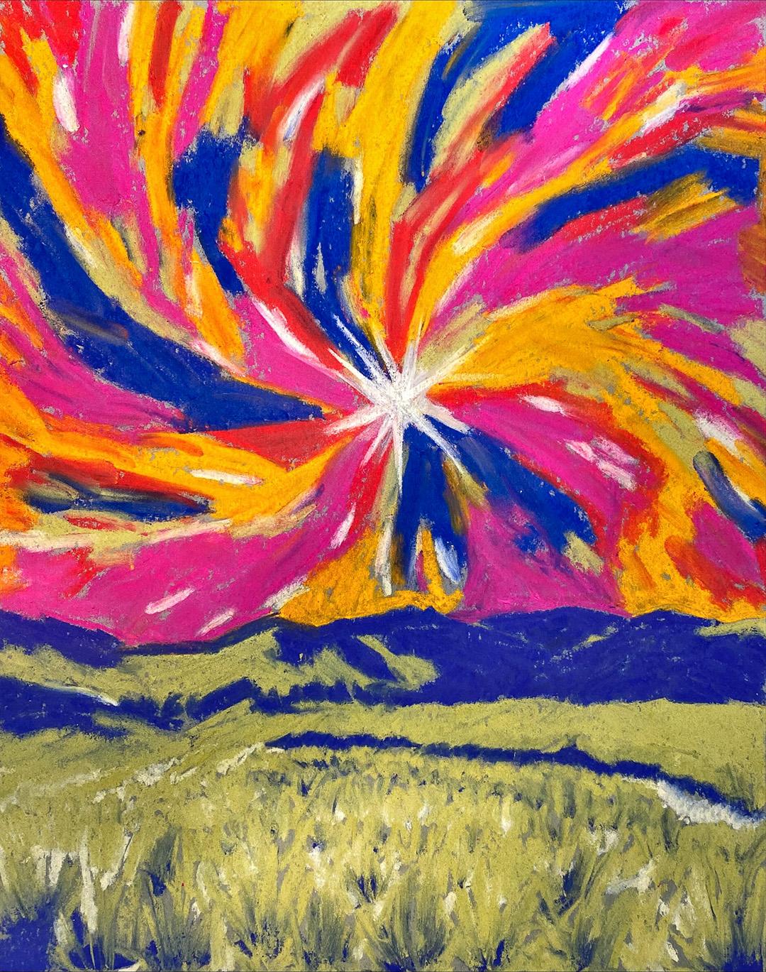 oil pastel art: grassy field, hills in the distance, bright swirling starburst filling the sky