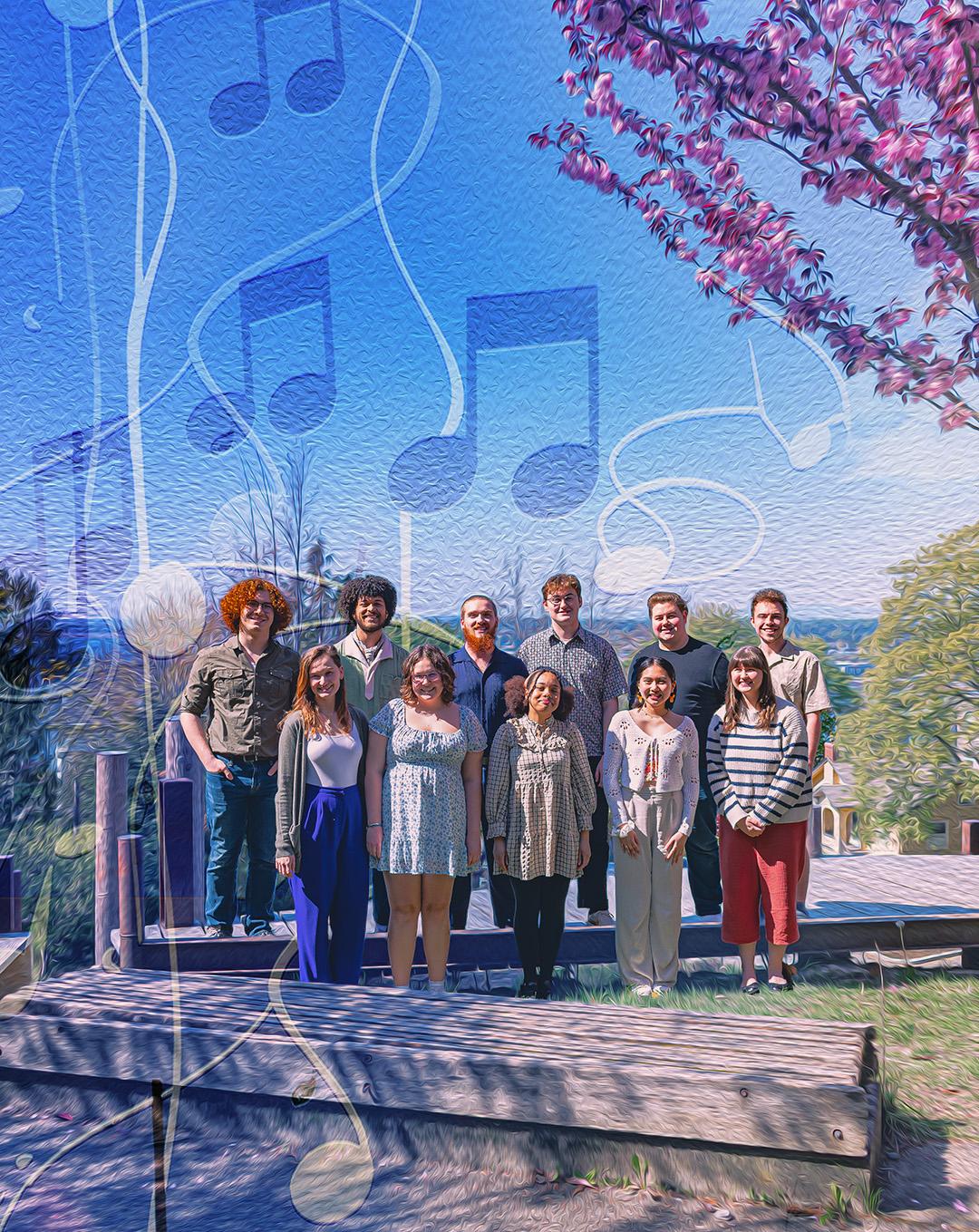 A group of students stand smiling under a flowering cherry tree on a sunny day, music notes float in the air around them