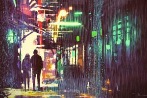 painting of a nighttime city scape from within an alley. Neon reflects from rainy surfaces. Two figures walk in the distance.