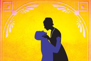 Embraced silhouettes within an art deco frame: a man dangling from, and looking up at a woman, their eyes locked.